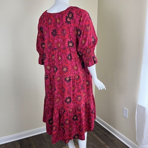 Coco + Jase Custom Womens Size XL Red Floral Cotton Pullover Midi Dress Art Boho - Picture 12 of 13